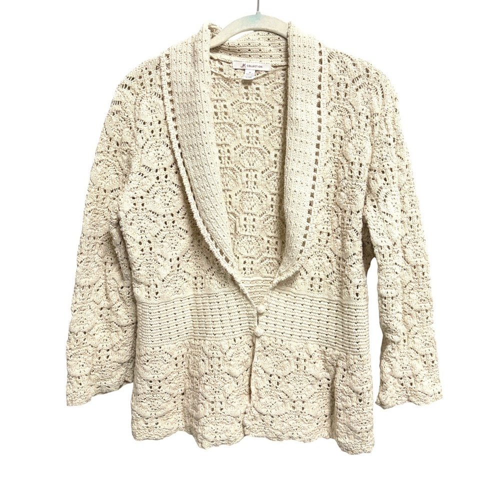 JM Collection Cardigan Sweater Beige Boho Crochet Knit‎ Shawl Collar Medium